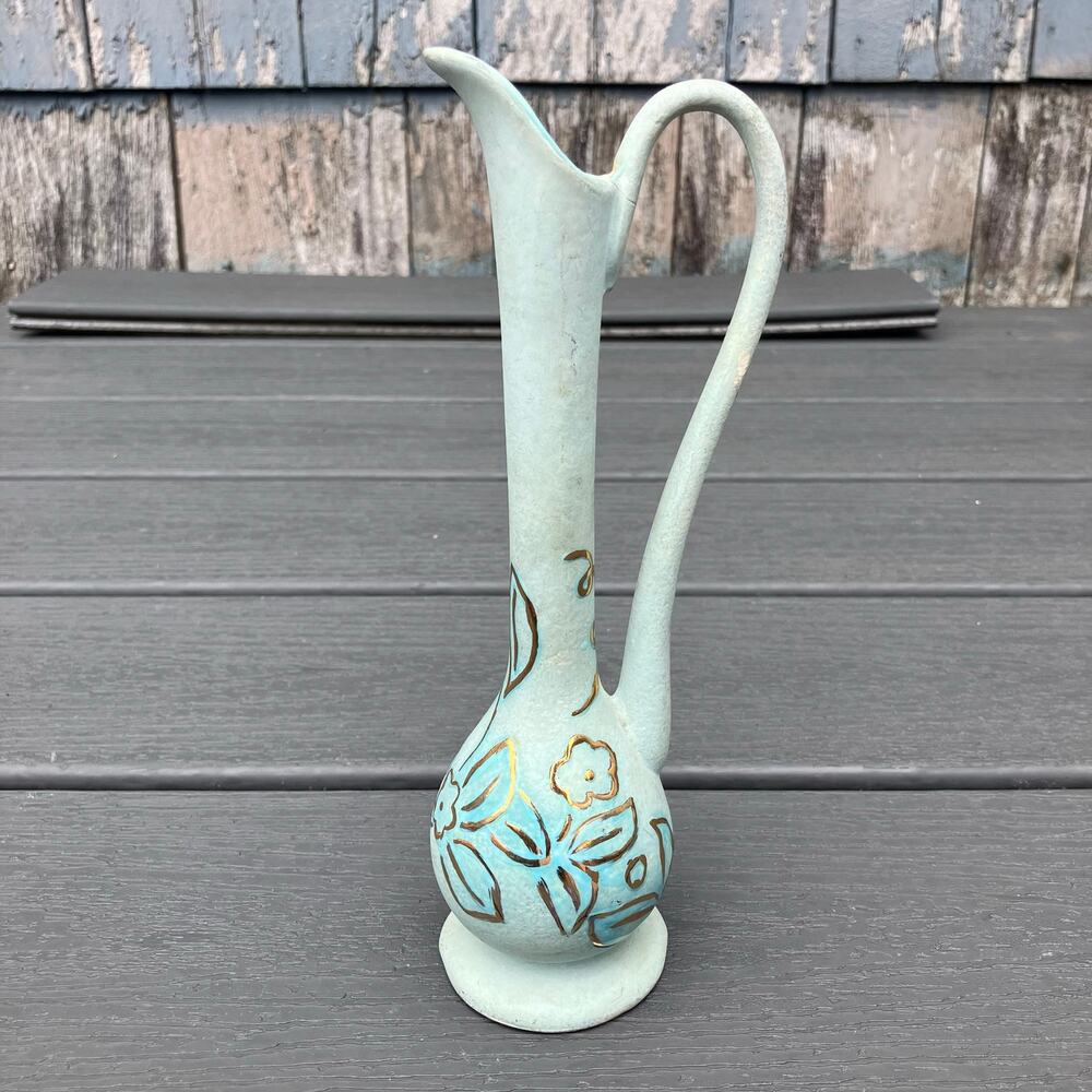 Vintage 1950s blue and metallic gold floral bud pitcher vase shabby chic cottage